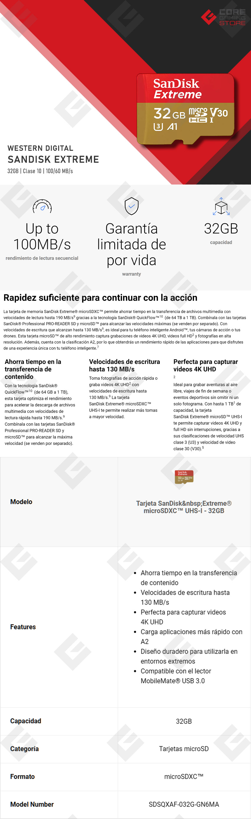 Memoria Micro SDXC SanDisk Extreme 32GB, Clase 10, 170/80 MB/s - SDSQXAF-032G-GN6MA