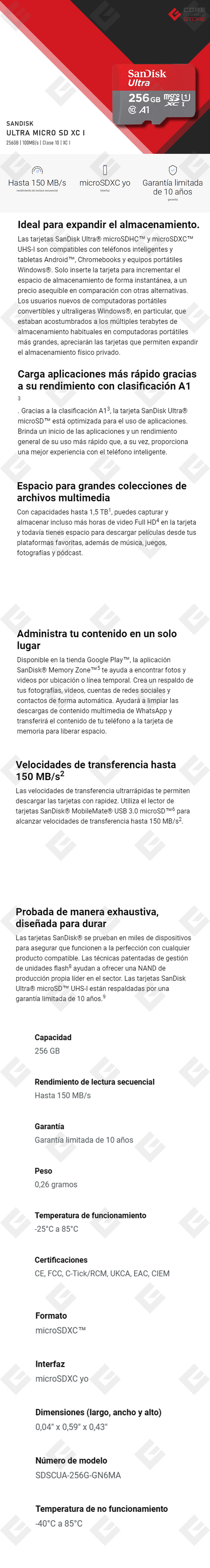 Memoria Micro SDXC SanDisk Ultra 256GB, Clase 10, 150/150 MB/s - SDSQUAC-256G-GN6MA