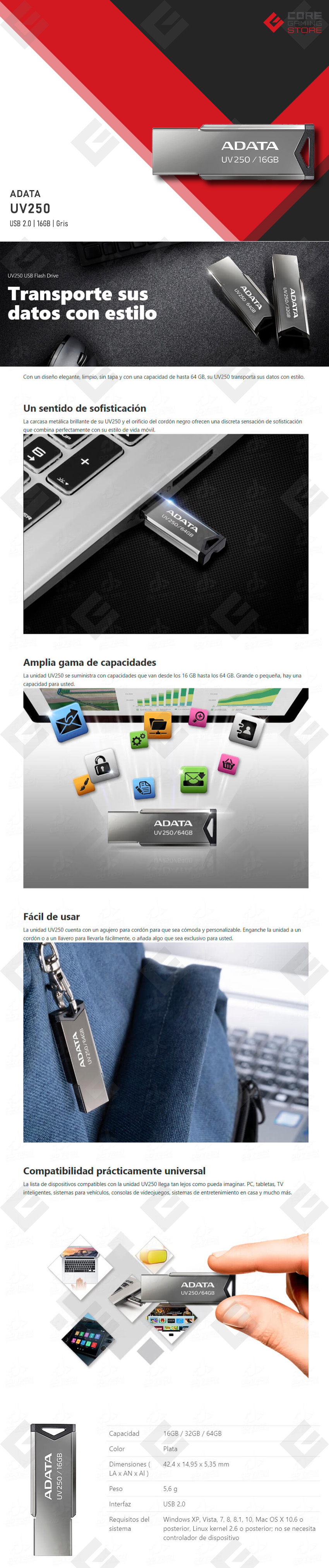 Memoria USB Adata UV250, 16GB, USB 2.0, Lectura 25MB/s, Escritura 10MB/s, Gris - AUV250-16G-RBK