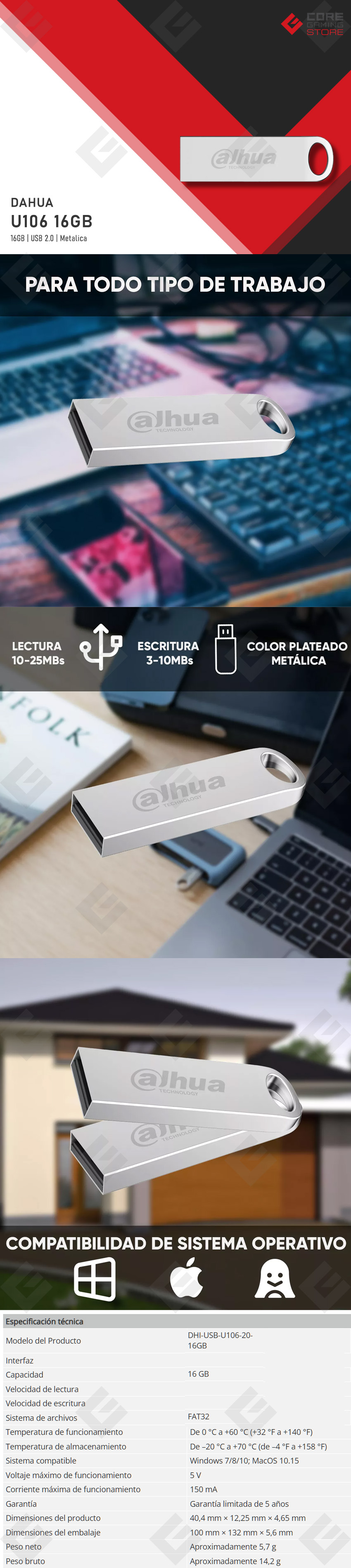 Memoria USB Dahua U106 , 16GB, USB 2.0, Lectura 25MB/s, Escritura 10MB/s, Metalico - DHI-USB-U106-20-16GB