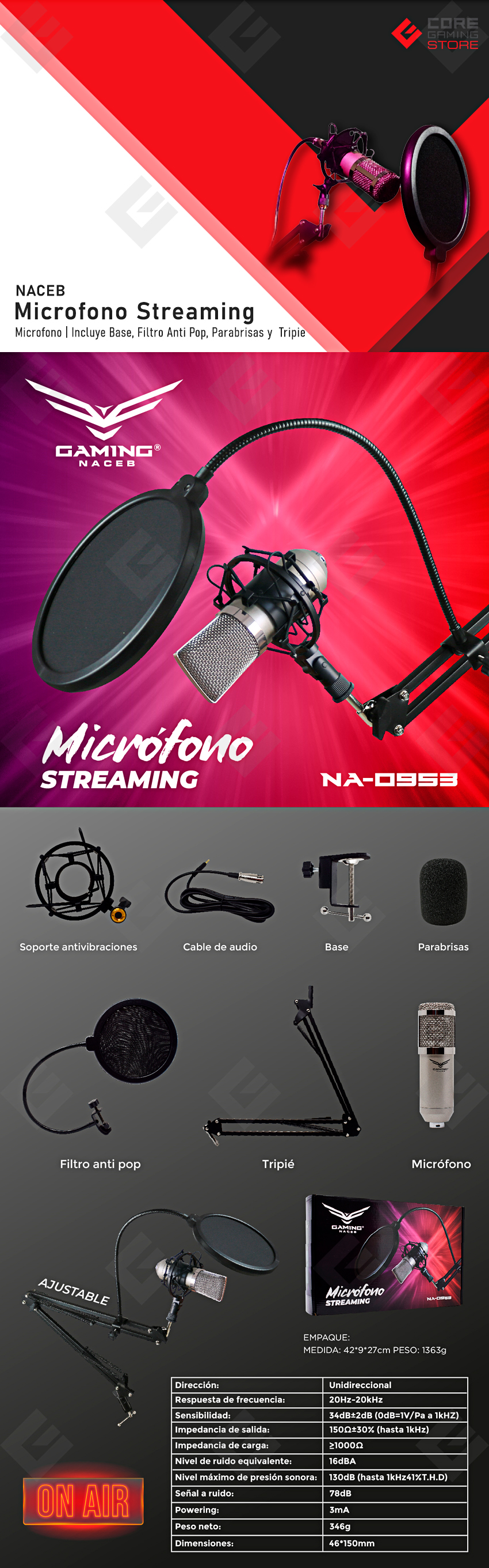 Micrófono para Streaming Naceb, Negro, Soporte Antivibraciones, Base Incluida, Parabrisas Incluido, Filtro Anti Pop Incluido, Tripie Incluido - NA-0953