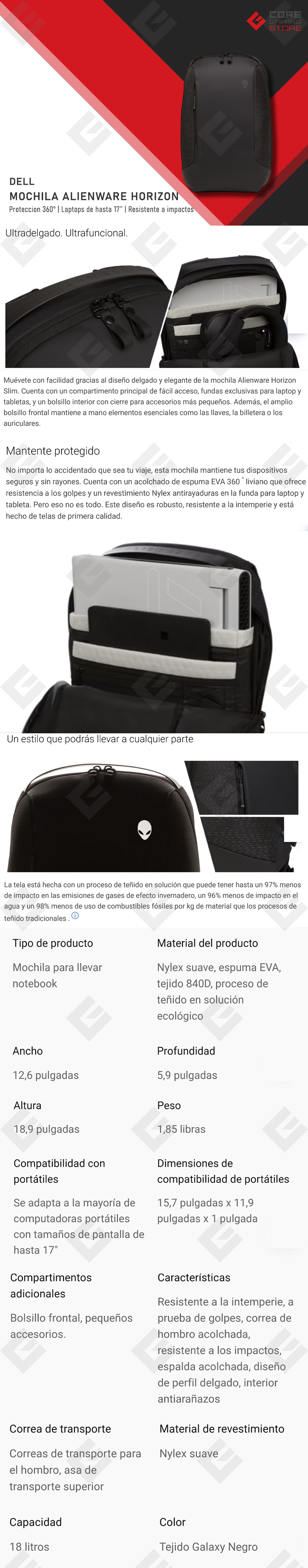 Mochila Gamer para Laptop Dell Alienware Horizon, Proteccion 360°, Hasta 17'', Resistente a impactos - 460-BDGI