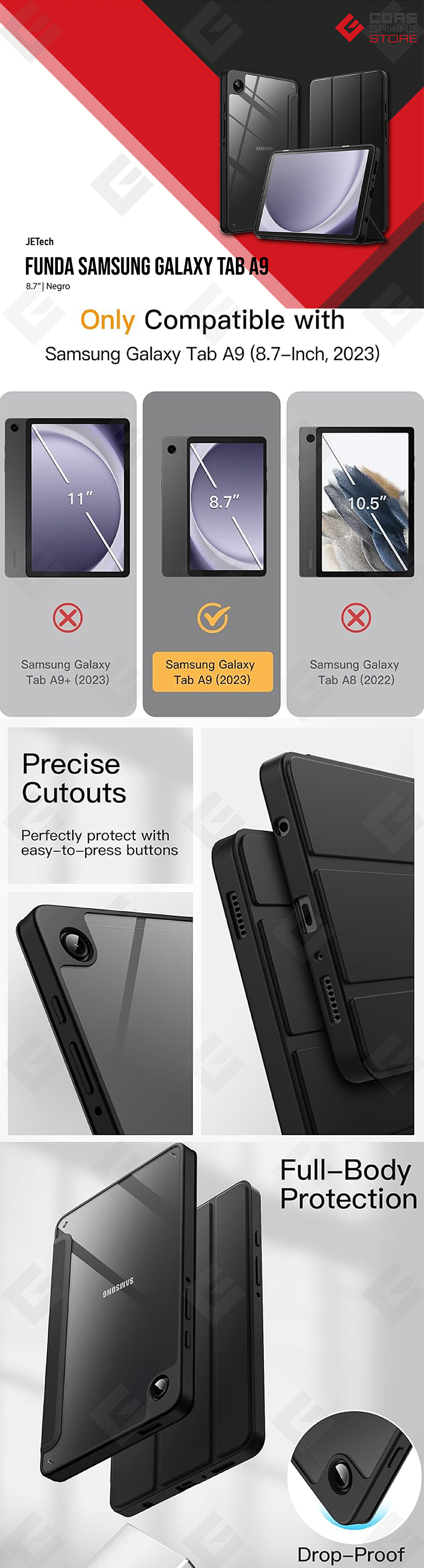 Funda JETech para Samsung Galaxy Tab A9 8.7" (2023), Soporte Plegable, Protección TPU, Negra
