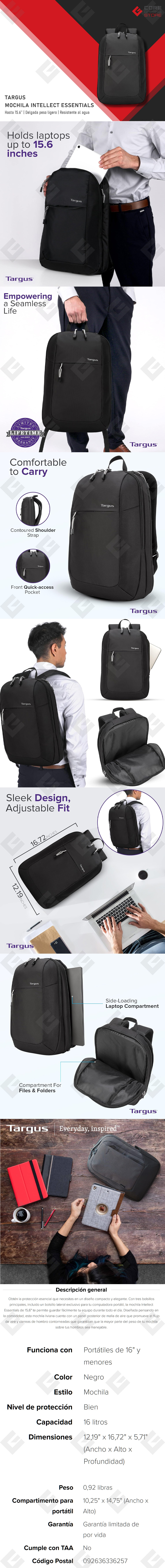 Mochila para Laptop Targus Intellect Essentials , Hasta 15.6'', Delgada, Resistente al agua - TSB966GL