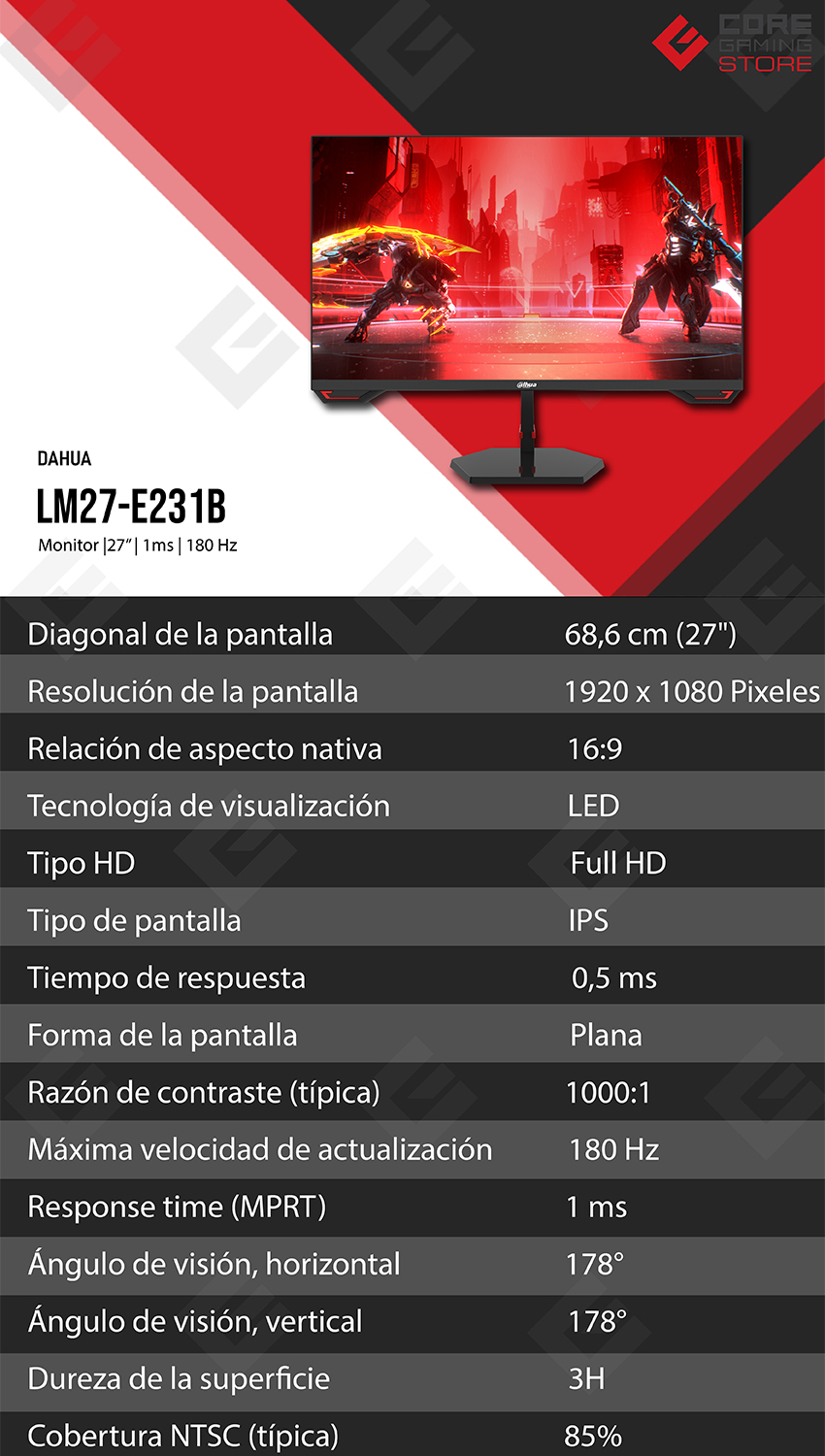 Monitor Dahua DHI-LM25-E231B, 24.5", 1920 x 1080, 180Hz, 1ms, HDMI, DisplayPort - DHI-LM25-E231B
