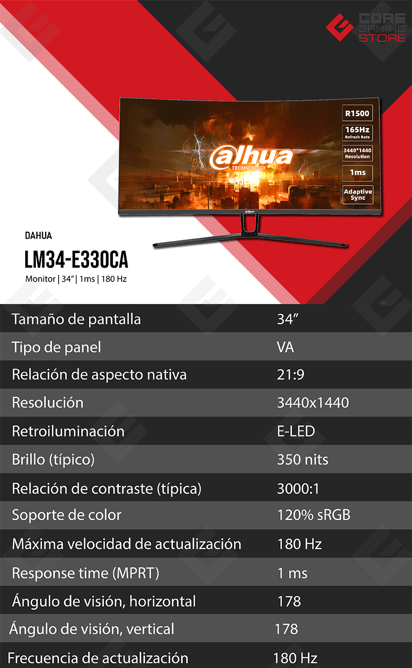 Monitor Gaming Curvo Dahua DHI-LM34-E330C, 34", WQHD 3440x1440, 165Hz, 1ms, VA, 21:9, Adaptive Sync - DHI-LM34-E330C