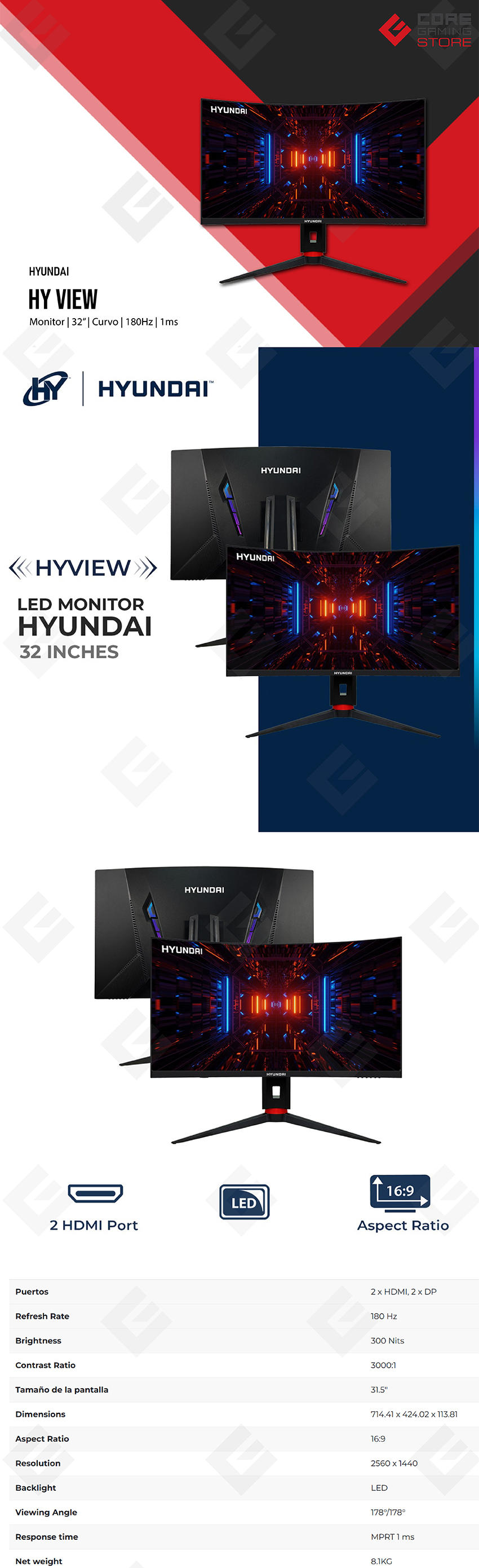 Monitor Gamer Hyundai HyView HT32CGMBK04, 31.5", QHD 2560x1440, 180Hz, 1ms, IPS, Curvo 1000R, HDMI/DP, Negro - HT32CGMBK04