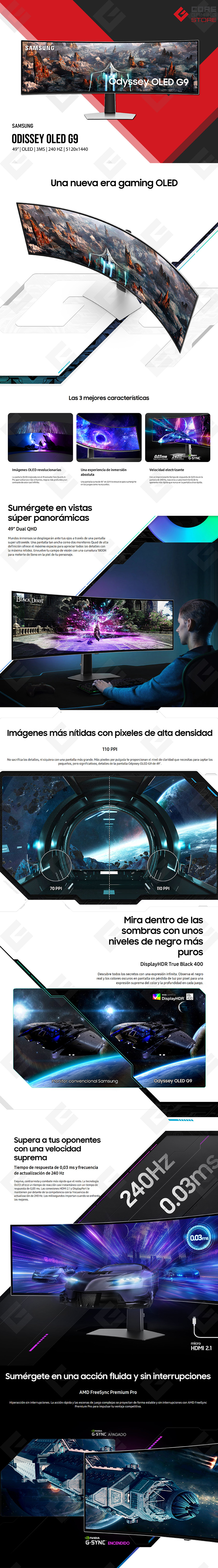 Monitor Gamer Samsung Odyssey OLED G9 49" Curvo, 5120 x 1440, 240Hz, 0.03ms, OLED, HDR True Black 400, DQHD, AMD FreeSync Premium Pro, Nvidia G-Sync Compatible - LS49CG932SNXZA