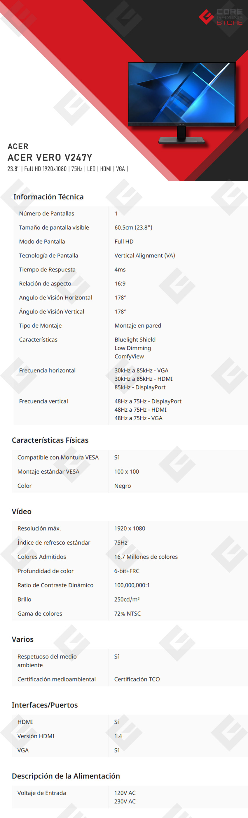 Monitor Acer Vero, 23.8", 1920 x 1080, 75Hz, HDMI, VGA - V247Y