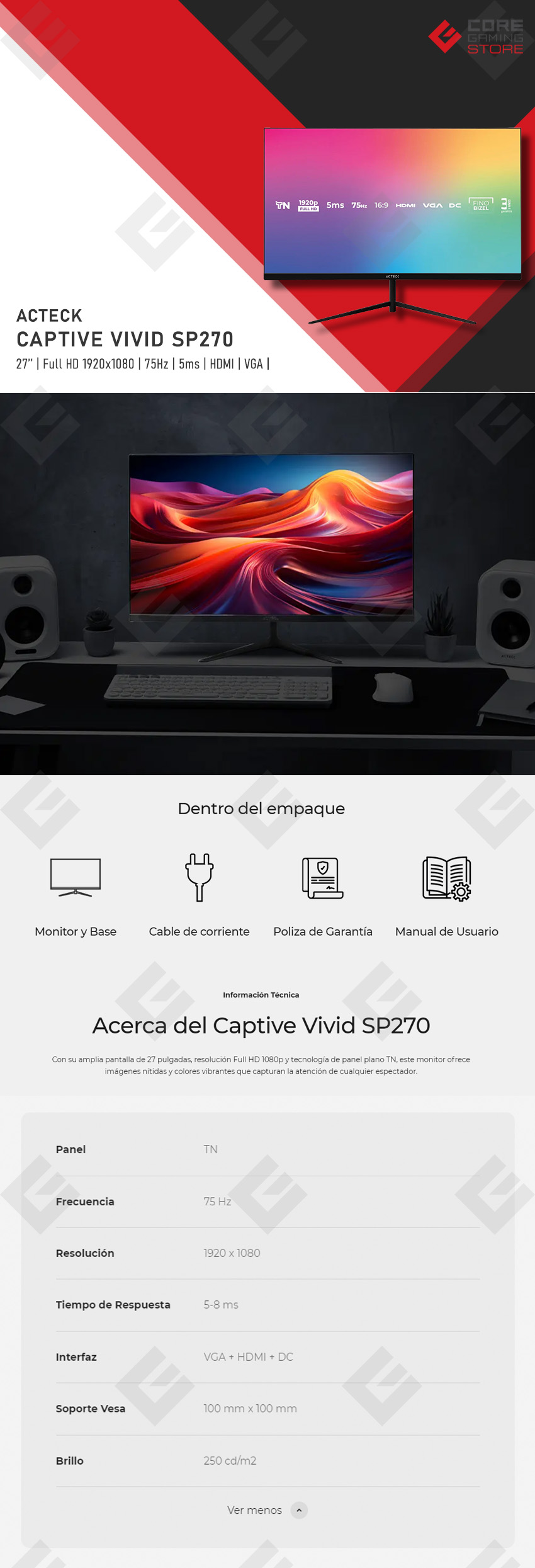 Monitor Acteck Captive Vivid SP270, 27", 1920 x 1080, 75Hz, 5ms, HDMI, VGA - AC-935845