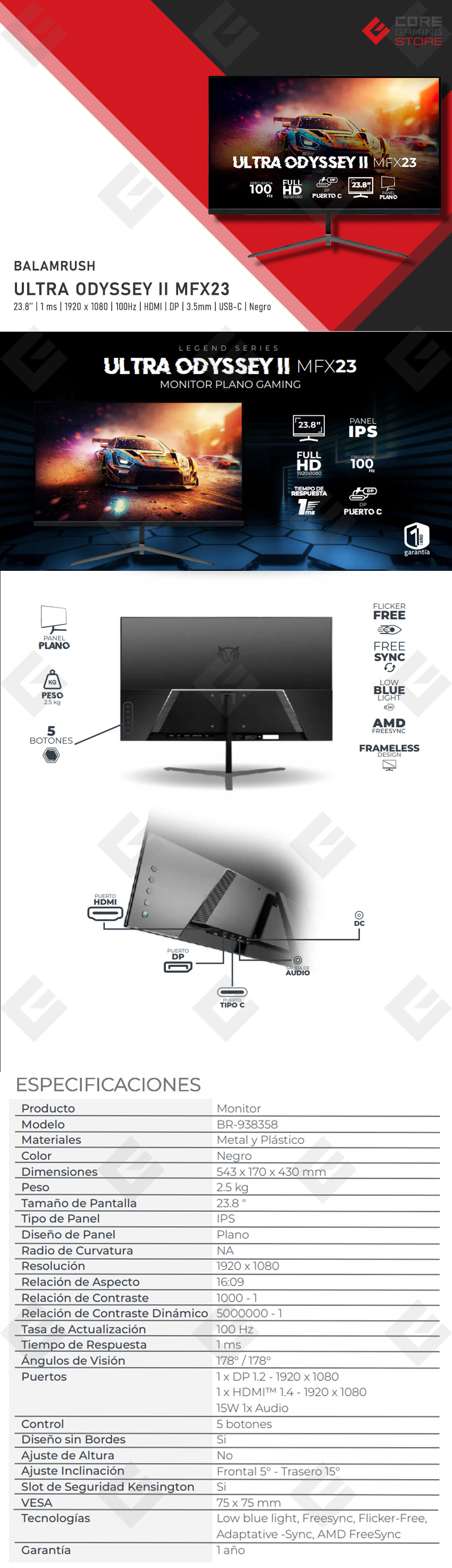 Monitor BalamRush Ultra Odyssey II MFX23, 23.8", 1920 x 1080, 100Hz, 1ms, HDMI, Displayport, Negro - BR-938358