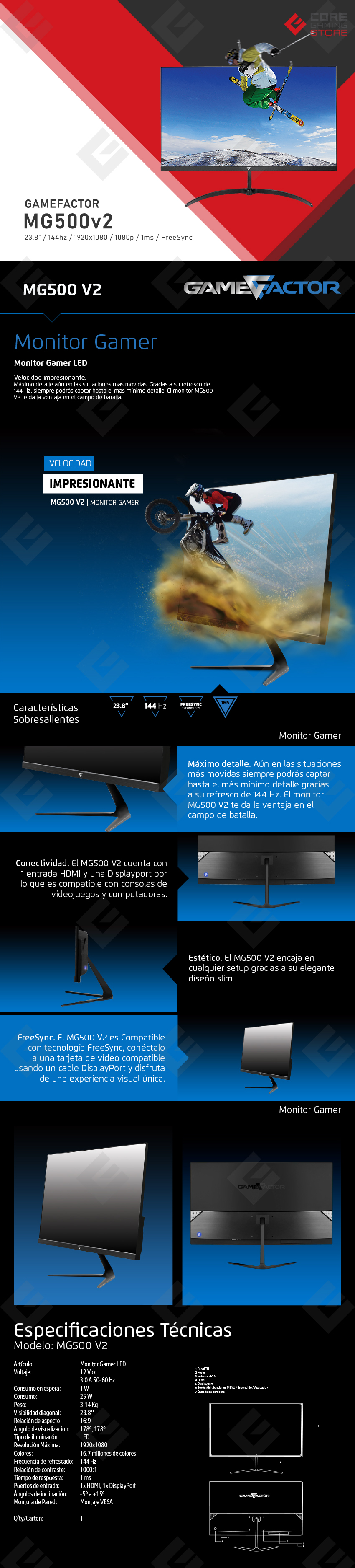 Monitor GameFactor MG500 v2 | 23.8" | 1920x1080 | 144Hz | 1ms | DP | HDMI | FrameLess | FreeSync