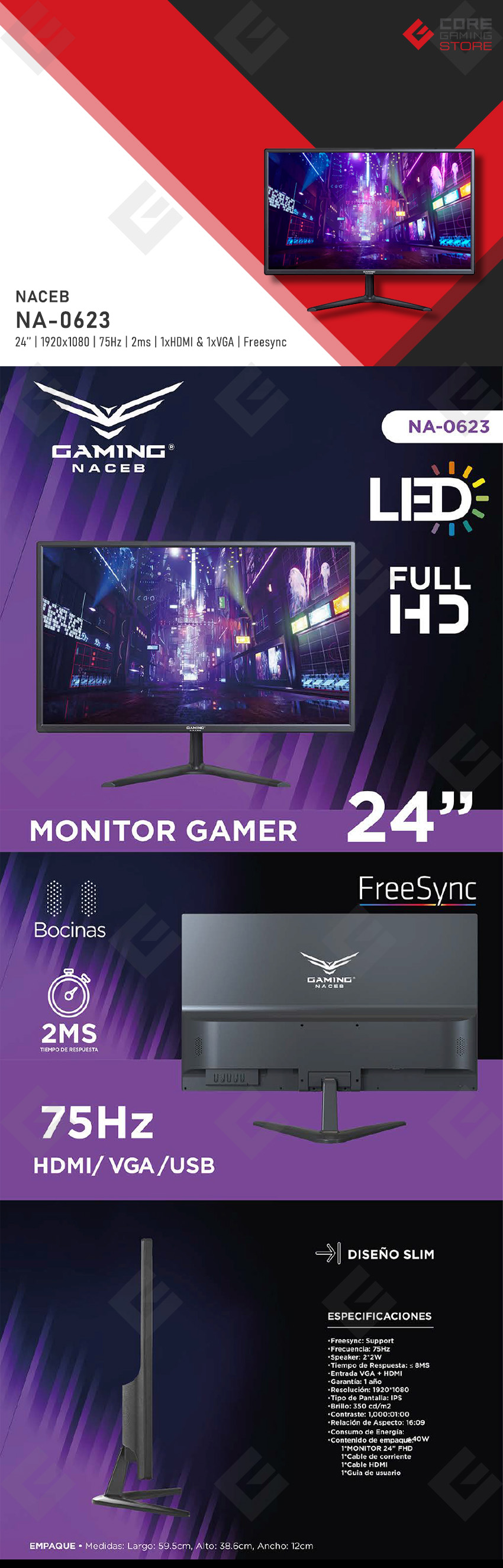 Monitor Naceb, 24'', 1920x1080, 75Hz, 2ms, FreeSync, VGA, HDMI - NA-0623