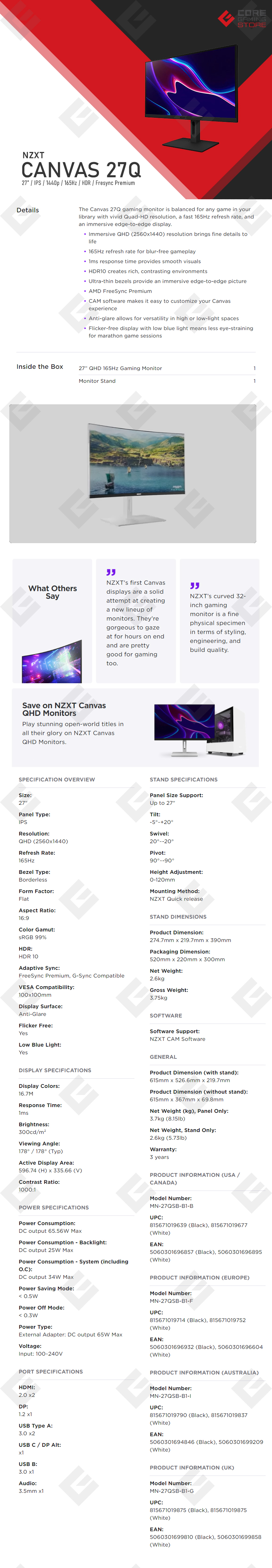 Monitor NZXT Canvas 27", 2560 x 1440 QHD, 1MS, 165Hz, IPS, HDR, HDMI, Displayport, USB Tipo C, AMD FreeSync Pemium - MN-27QSB-B1-B / Incluye Base para Monitor MN-SSCC0-B1