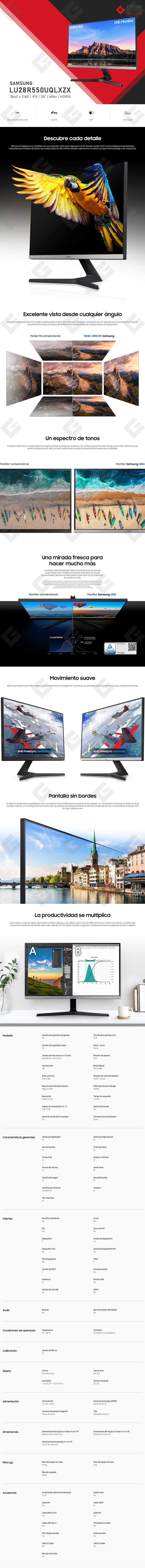 Monitor Gamer Samsung 28" 4K LU28R550UQLXZX, 3840 x 2160, 60Hz, 1ms, IPS, HDR10, UHD, AMD FreeSync