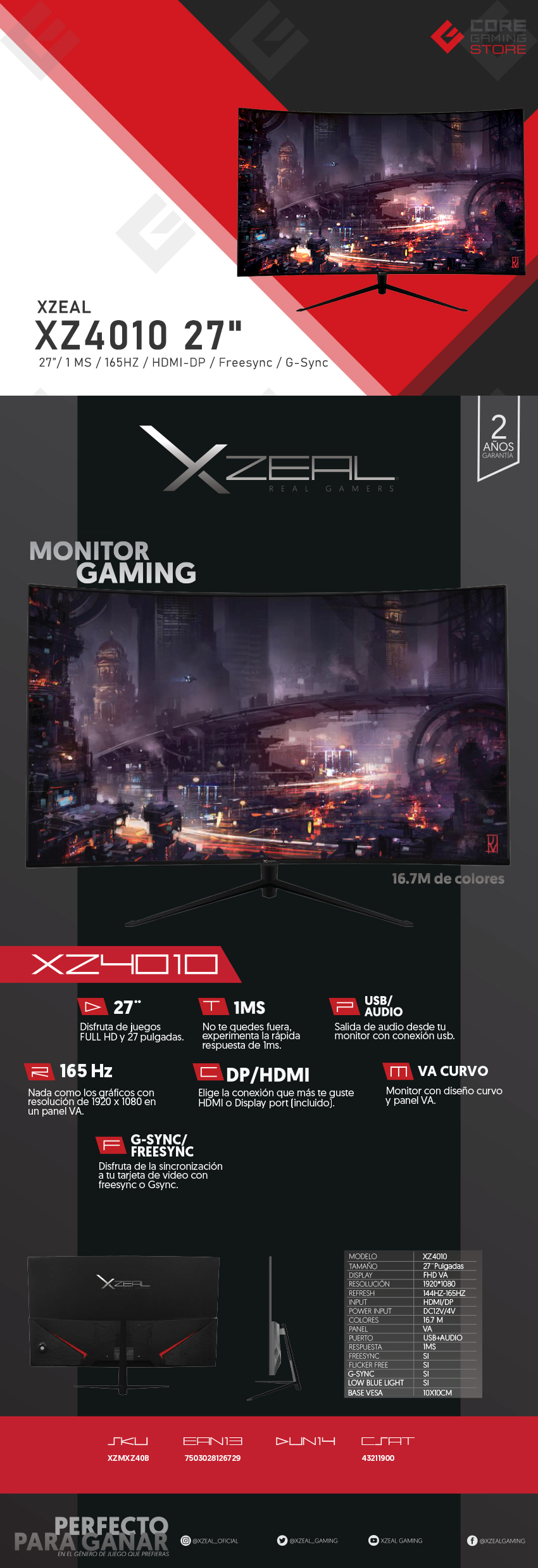 Monitor Xzeal XZ4010, 27", 1920 x 1080, HDMI, Displayport, 1MS, 165Hz, Freesync, G-Sync