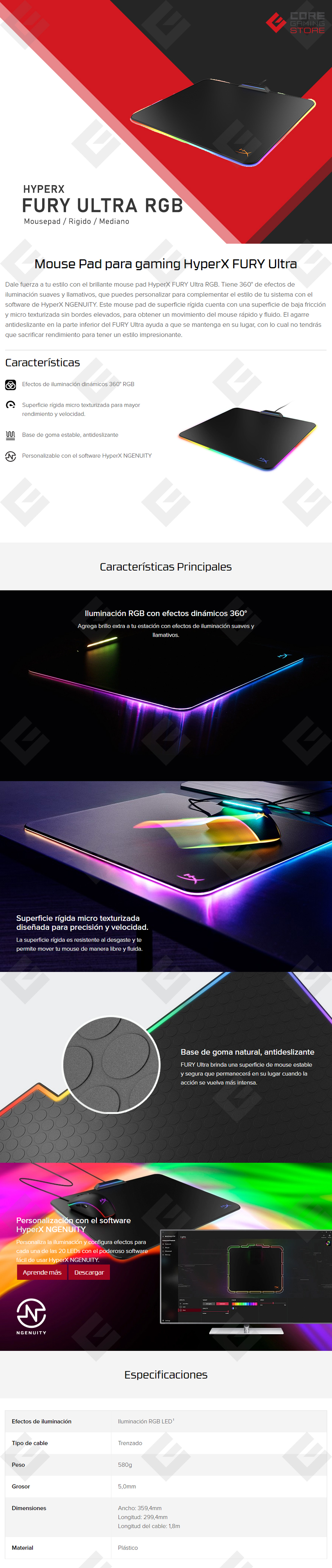 Mousepad HyperX Fury Ultra RGB, Rigido, Mediano, 340x300x4mm, HX-MPFU-M