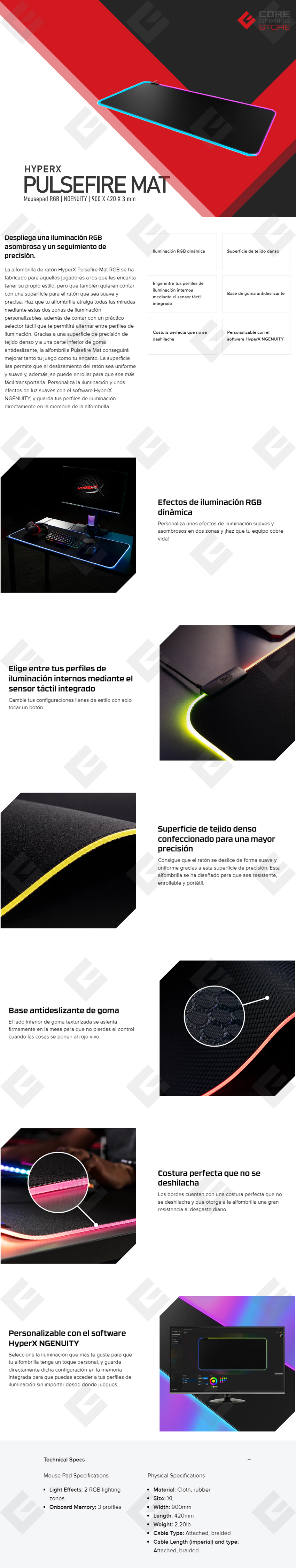 Mousepad HyperX Pulsefire Mat Cloth XL RGB | NGENUITY | Extendido | 900x450x3mm - 4S7T2AA