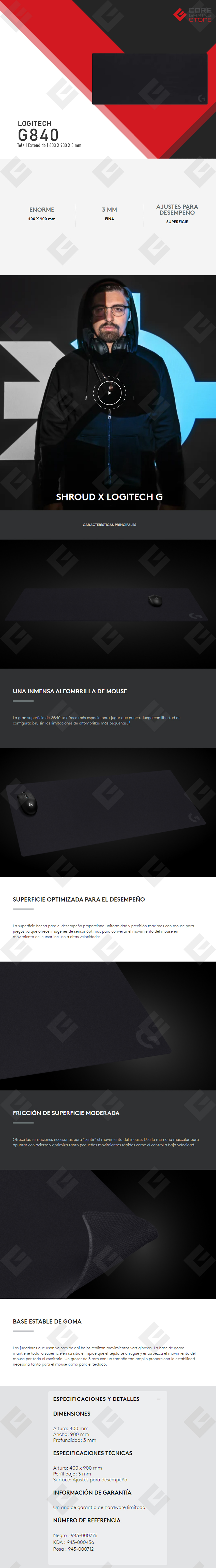 Mousepad Logitech G840 Cloth XL Gaming Extra Grande - 400 x 900 x 3 mm - 943-000776