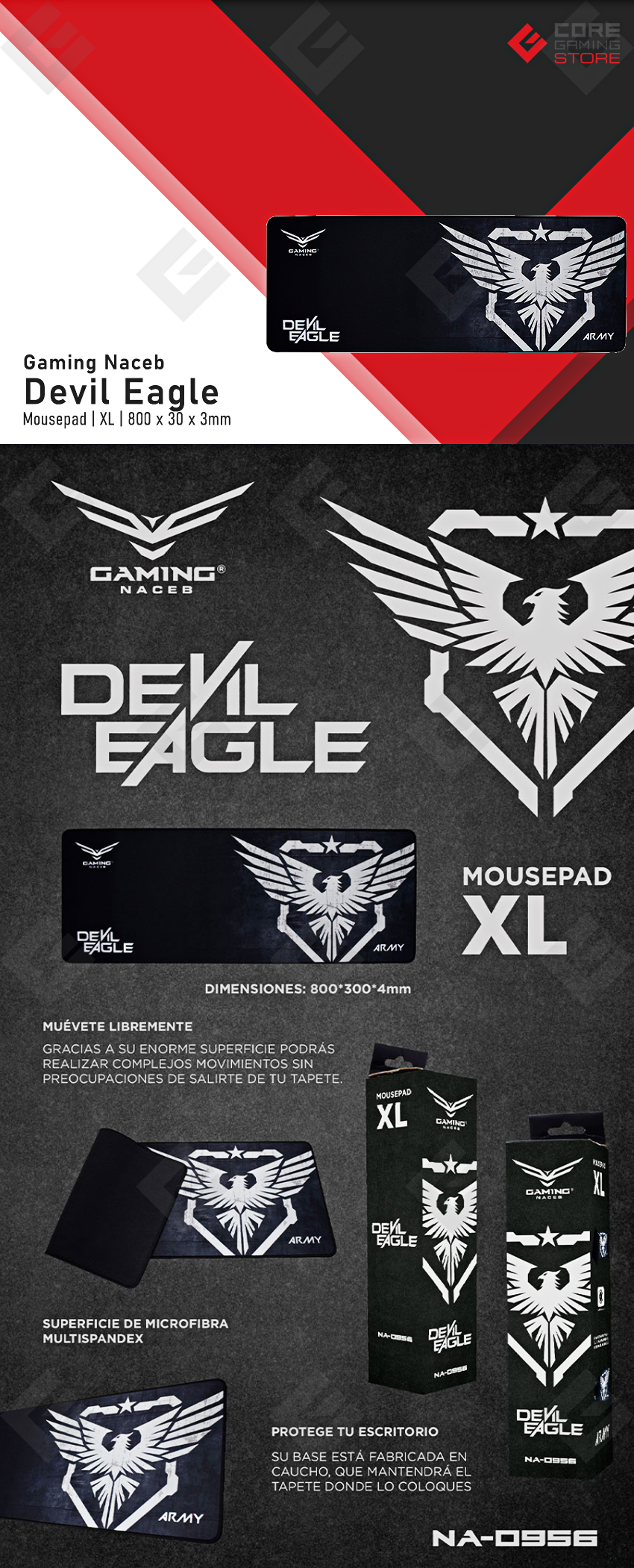 Mousepad Gamer Naceb NA-0956 Devil Eagle | XL |  Antiderrape  |  30cm x 80cm 