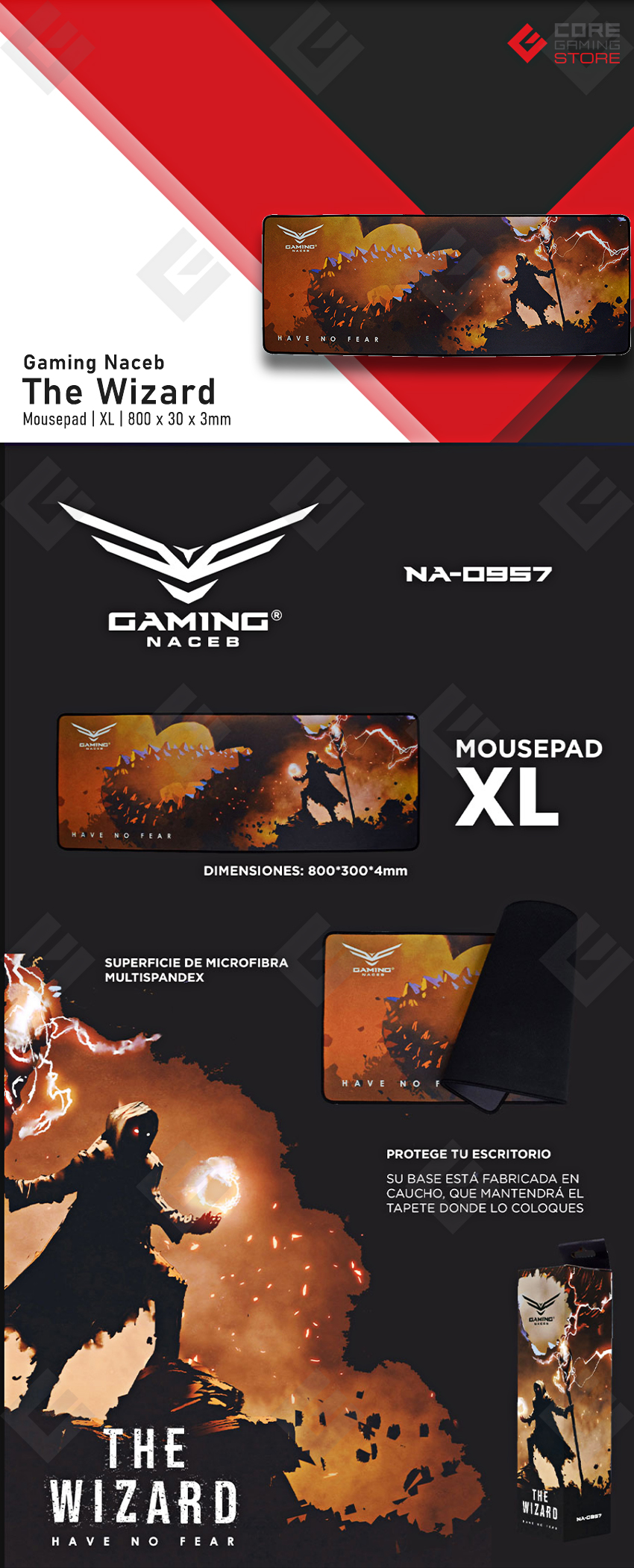 Mousepad Gamer Naceb NA-0957 The Wizard| XL | Antiderrape | 30cm x 80cm