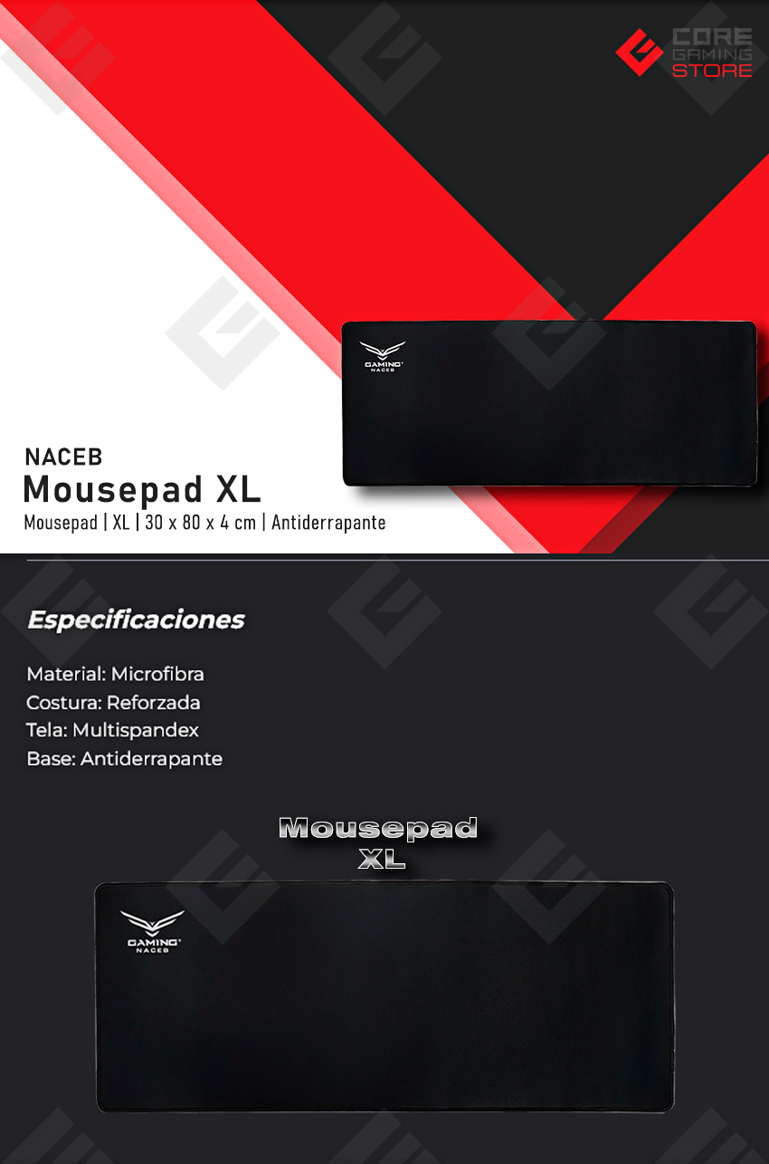 Mousepad Naceb XL, 300 x 800 x 40mm, Negro - NA-0960