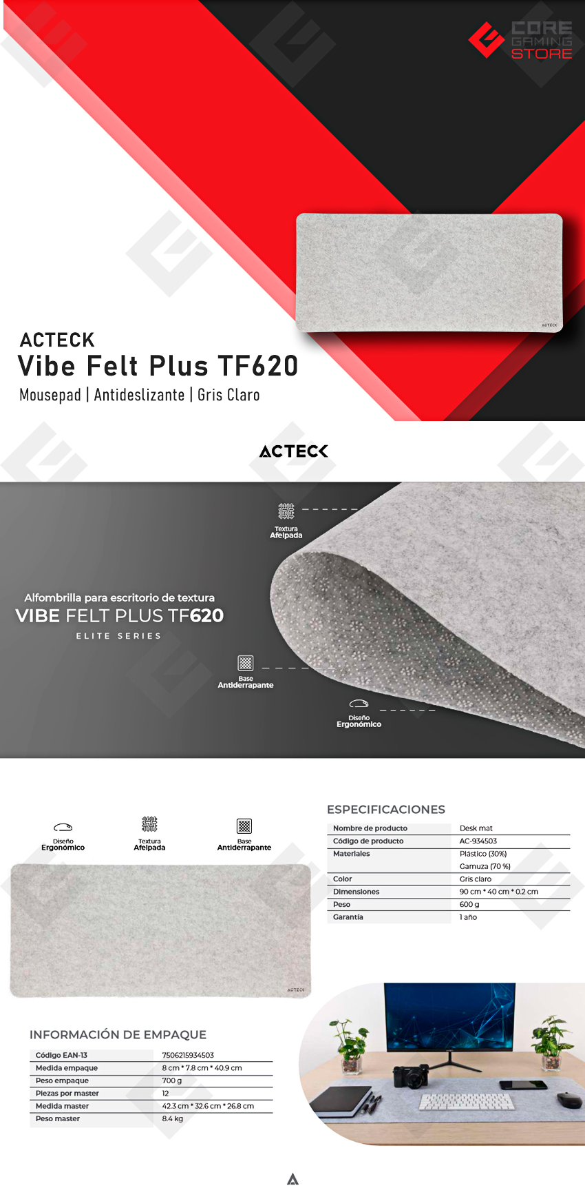 Mousepad Acteck Vibe Felt Plus TF620, 900 x 400 x 3mm, Elite Series Gris Claro - AC-934503