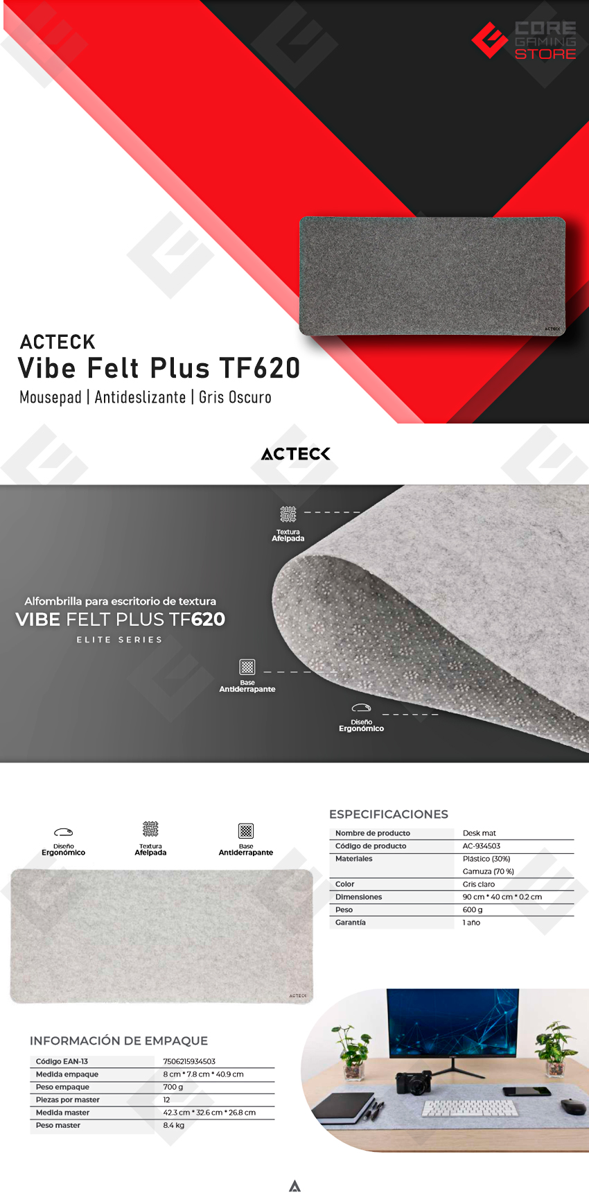 Mousepad Acteck Vibe Felt Plus TF620, 900 x 400 x 3mm, Elite Series Gris Oscuro - AC-934497