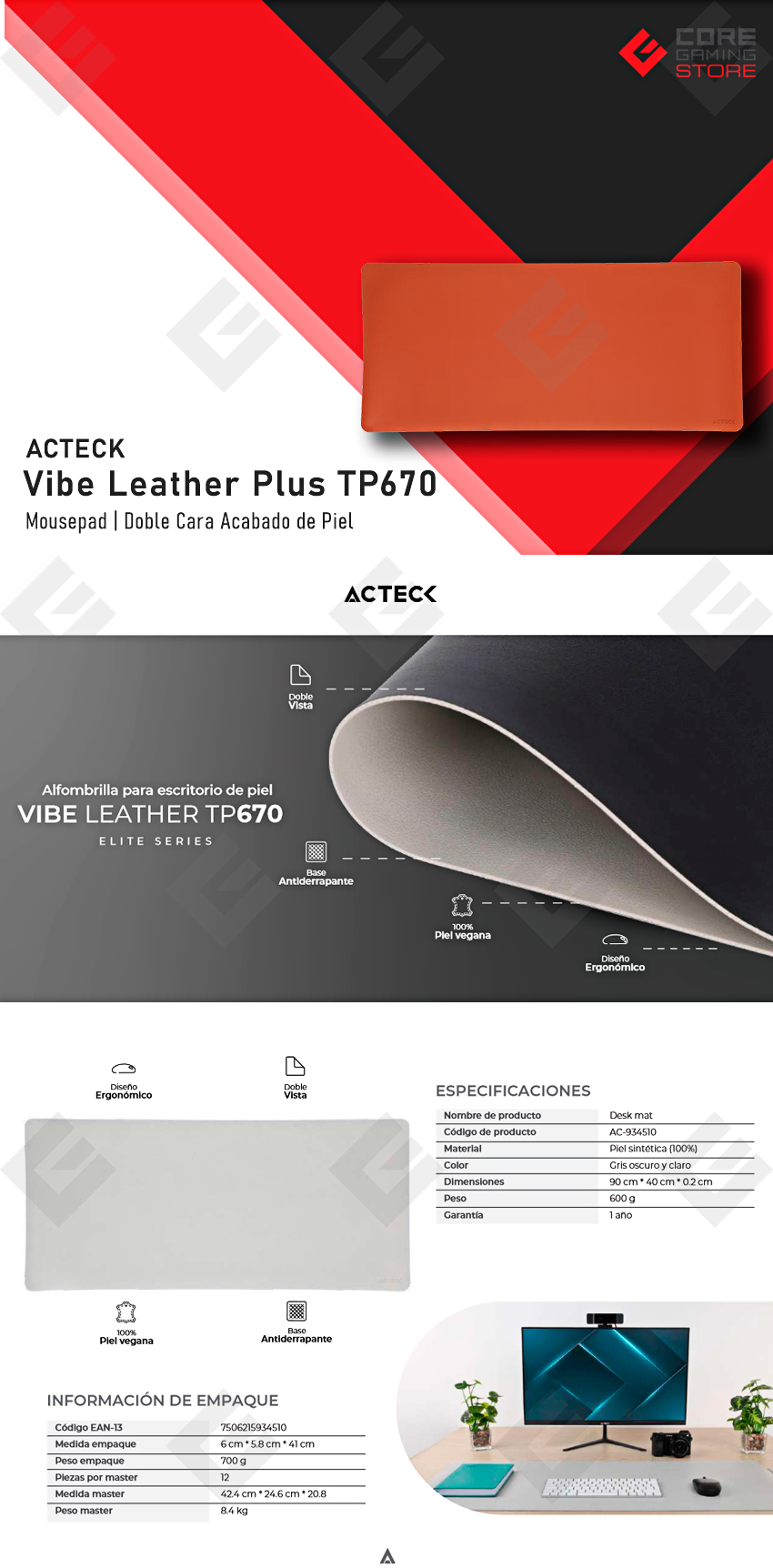 Mousepad Acteck Vibe Leather Plus TP670, 900 x 400 x 3mm, Elite Series  Gris - AC-934510