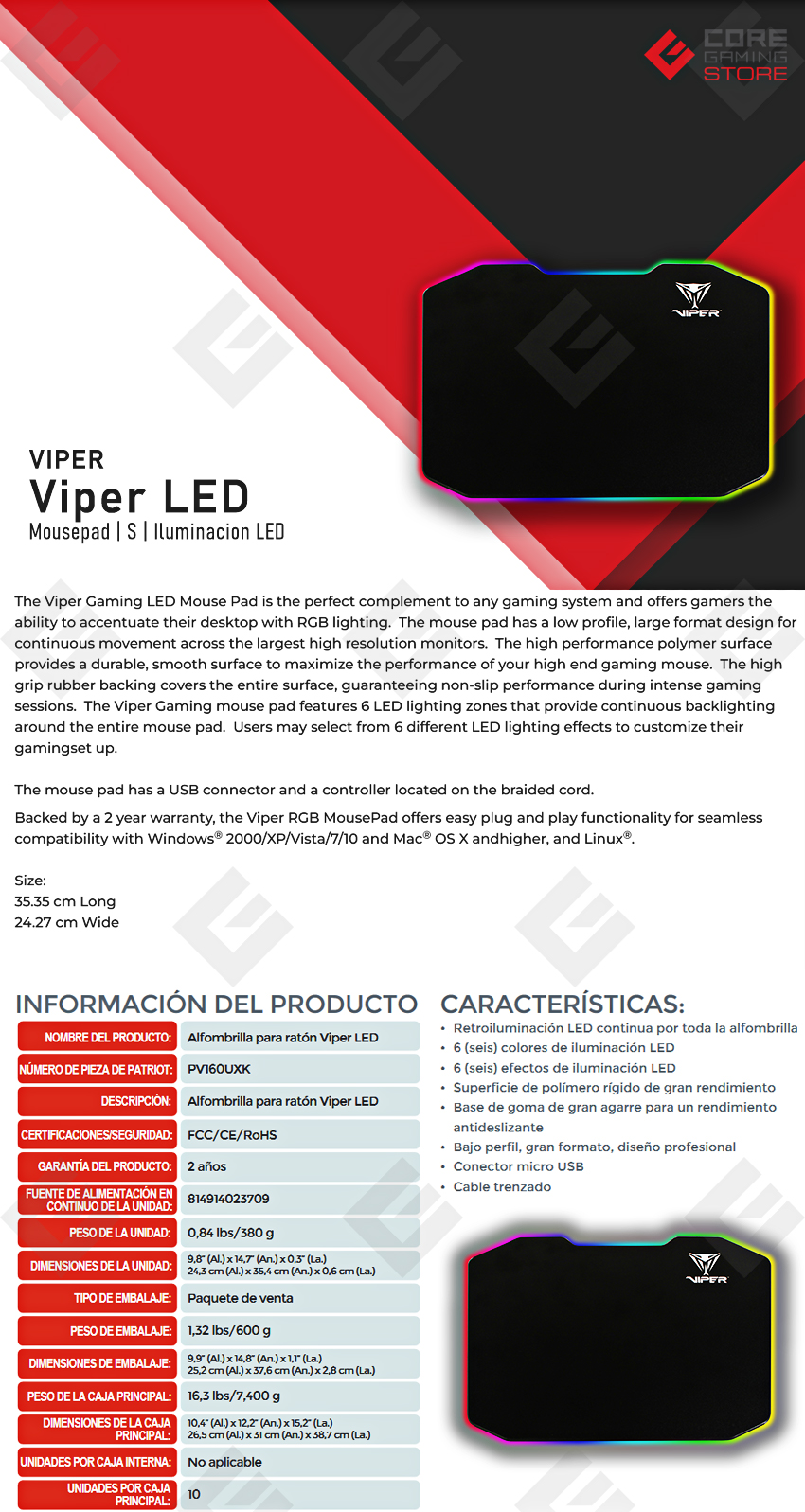Mousepad Viper RIgid, Chico, Iluminacion LED, 350 x 240 x 3 - PV160UXK 