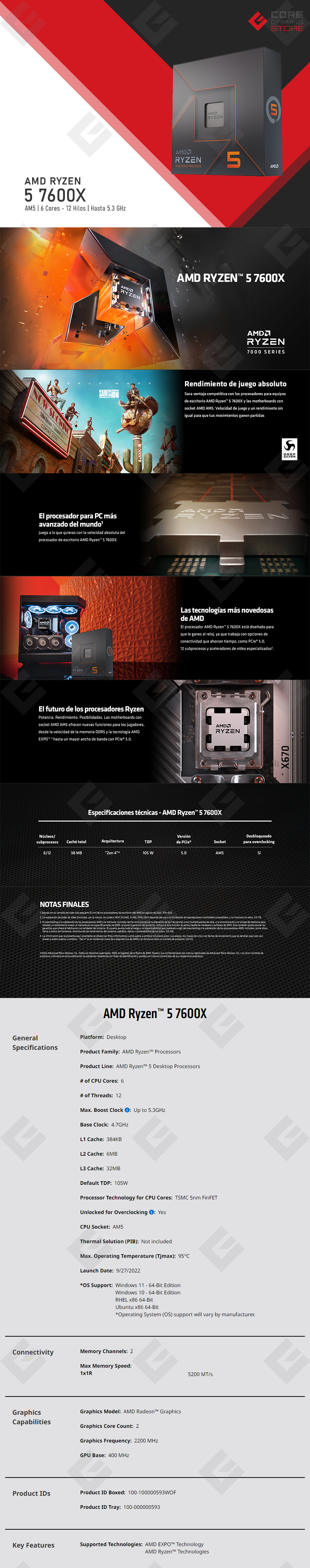 Procesador AMD Ryzen 5 7600X, 6 Cores, 12 Threads, 4.7GHz Base, 5.3GHz Max, Socket AM5, Radeon Graphics - 100-100000593WOF