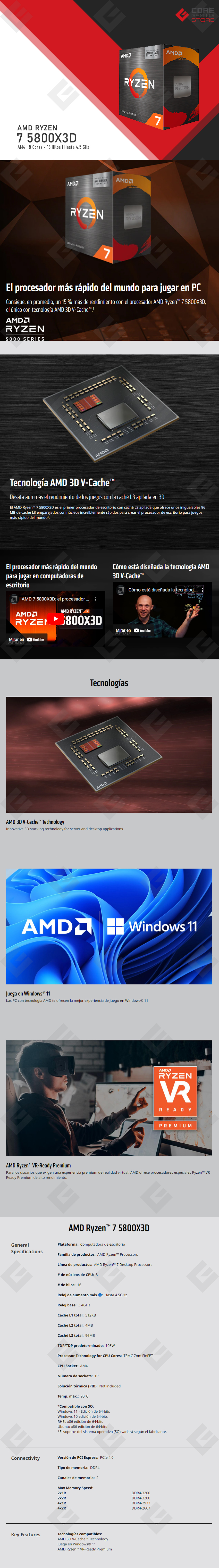 Procesador AMD Ryzen 7 5800X3D, 8 Cores, 16 Threads, 3.4Ghz Base, 4.5Ghz Max, Socket AM4 - 100-100000651WOF