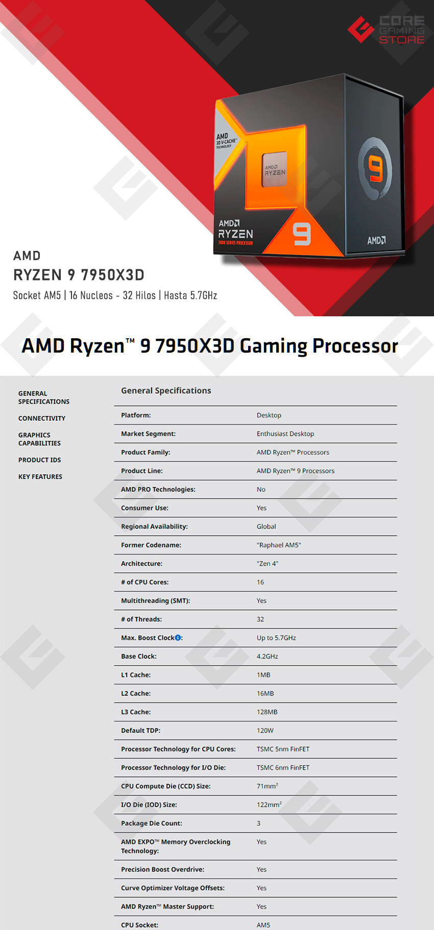 Procesador AMD Ryzen 9 7950X3D, 16 Cores, 32 Threads, 4.2GHz Base, 5.7GHz Max, Socket AM5 - 100-100000908WOF