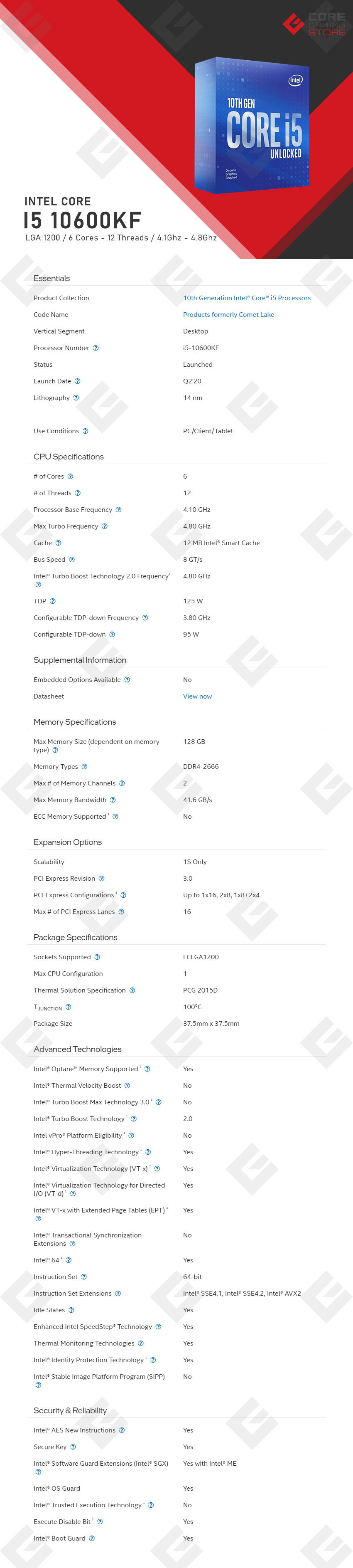 Procesador Intel Core i5 10600KF, 6 Cores, 12 Threads, 4.10Ghz Base, 4.80Ghz Turbo, 12MB, Socket LGA1200 (OEM)