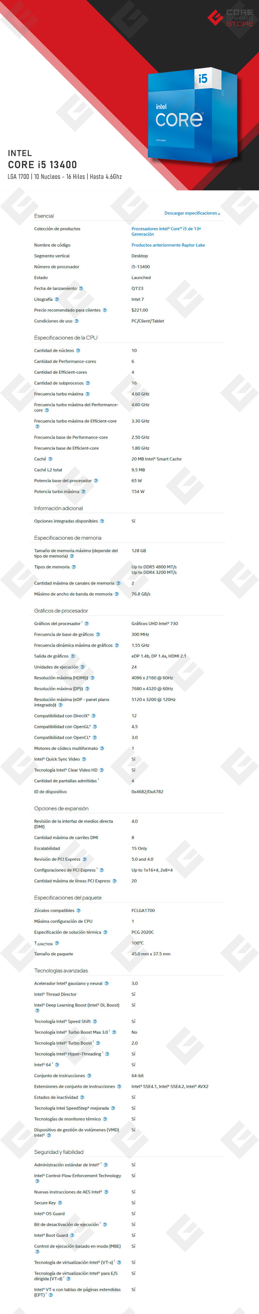 Procesador Intel Core i5 13400, 10 Cores (6 Performance-cores / 4 Efficient-cores), 16 Threads, Hasta 4.6Ghz, 20Mb, Socket LGA1700, Intel 13th Generación - BX8071513400