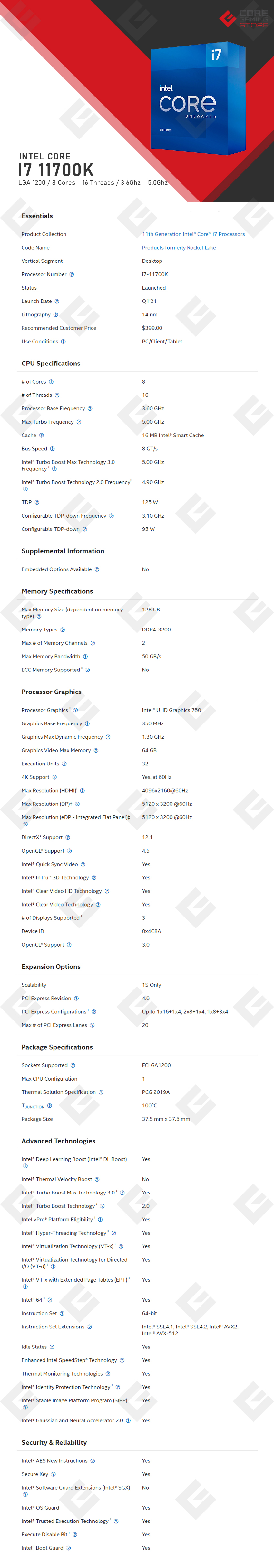 Procesador Intel Core i7 11700K, 8 Cores, 16 Threads, 16MB, 3.60Ghz/5.0Ghz, Socket 1200, Intel 11th Generacion