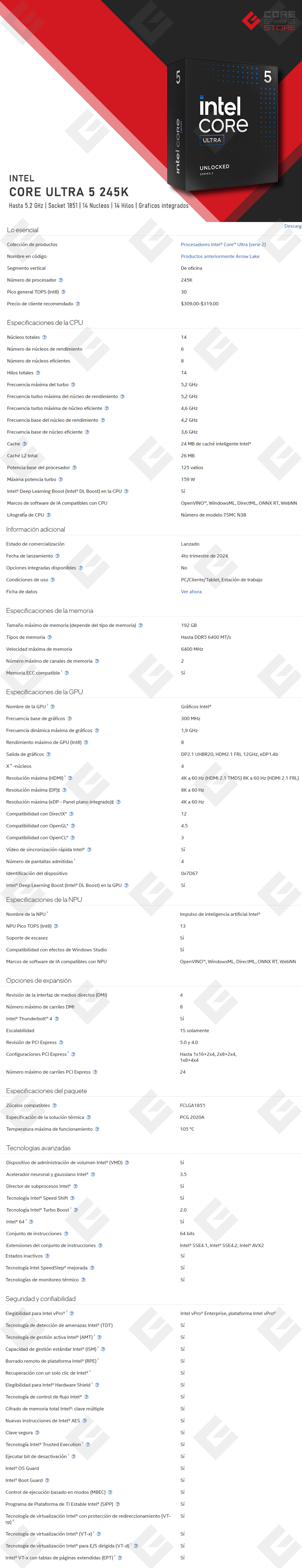 Procesador Intel Core Ultra 5 245K, 14 Cores, 14 Threads, Hasta 5.2Ghz, 26Mb, Socket LGA1851, Series 2 - BX80768245K