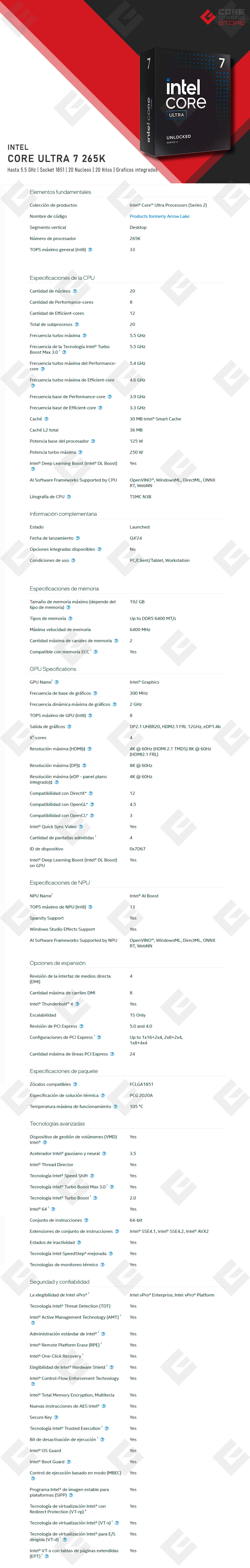 Procesador Intel Core Ultra 7 265K, 20 Cores, 20 Threads, Hasta 5.5Ghz, 36Mb, Socket LGA1851, Series 2