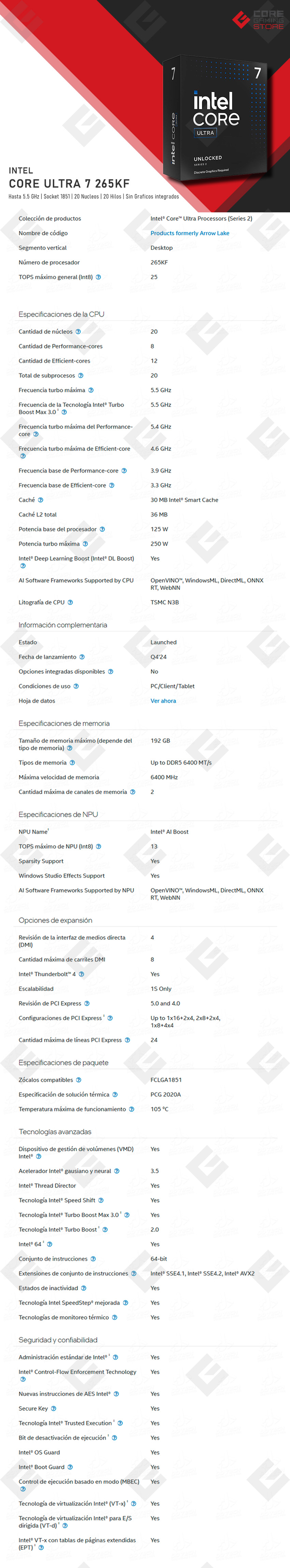 Procesador Intel Core Ultra 7 265KF, 20 Cores, 20 Threads, Hasta 5.5Ghz, 36Mb, Socket LGA1851, Series 2