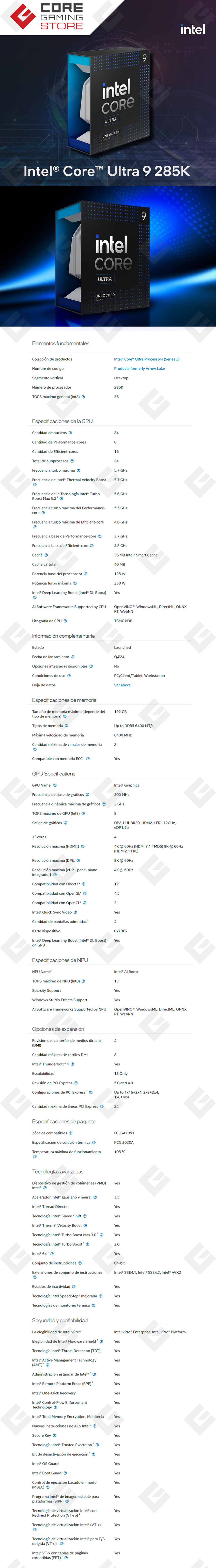 Procesador Intel Core Ultra 9 285K, 24 Cores, 24 Threads, Hasta 5.7Ghz, 36Mb, Socket LGA1851, Series 2