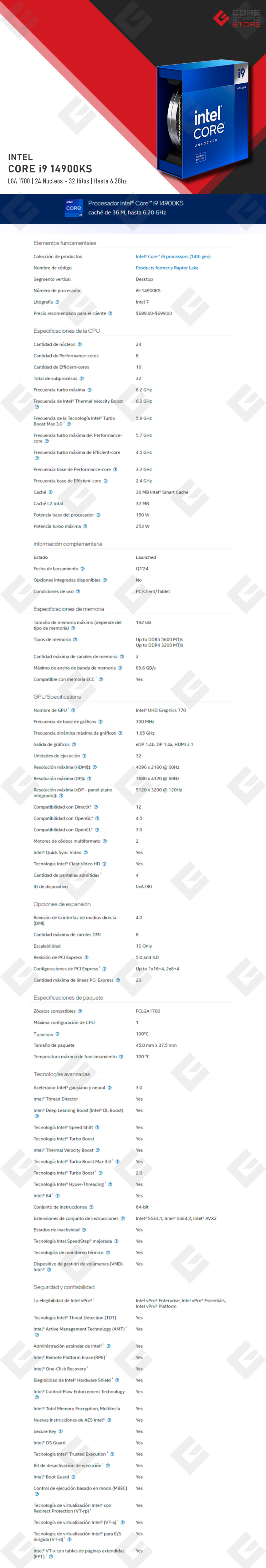 Procesador Intel Core i9 14900KS, 24 Cores (8 Performance-cores / 16 Efficient-cores), 32 Threads, Hasta 6.2Ghz, 36Mb, Socket LGA1700, Intel 14th Generación - 