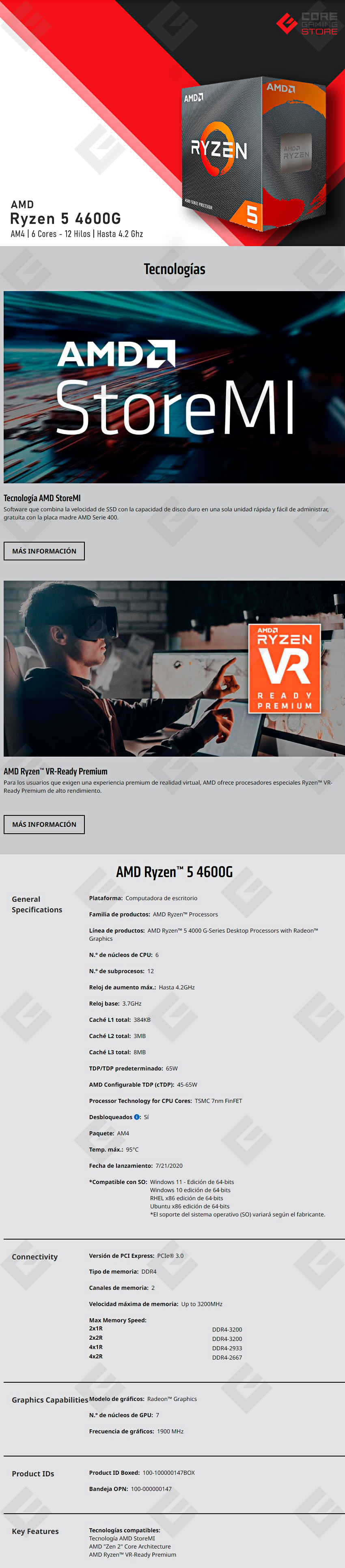 Procesador AMD Ryzen 5 4600G, 6 Cores, 12 Threads, Radeon 7 Graphics, 3.7Ghz Base, 4.2Ghz Max, Socket AM4, Wraith Stealth - 100-100000147BOX