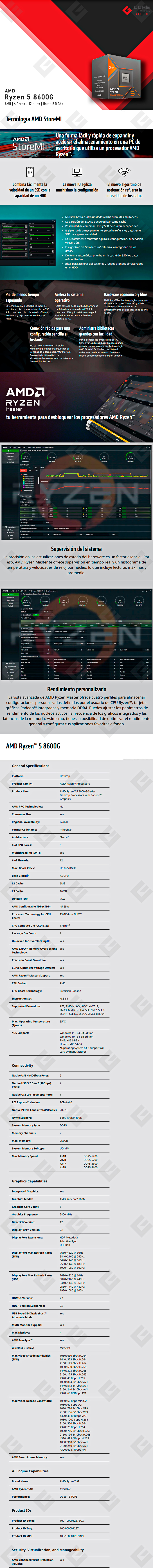 Procesador AMD Ryzen 5 8600G, 6 Cores, 12 Threads, 4.3GHz Base, 5.0GHz Max, Socket AM5, Radeon Graphics -  100-100001237BOX