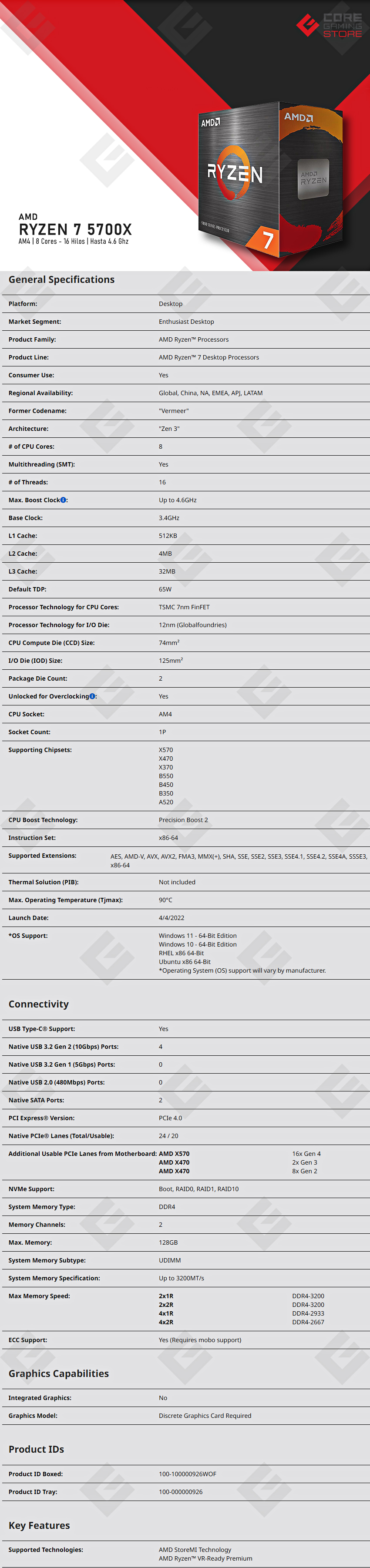 Procesador AMD Ryzen 7 5700X | 8 Cores - 16 Threads | 3.4Ghz Base - 4.6Ghz Max | Socket AM4 - 100-100000926WOF