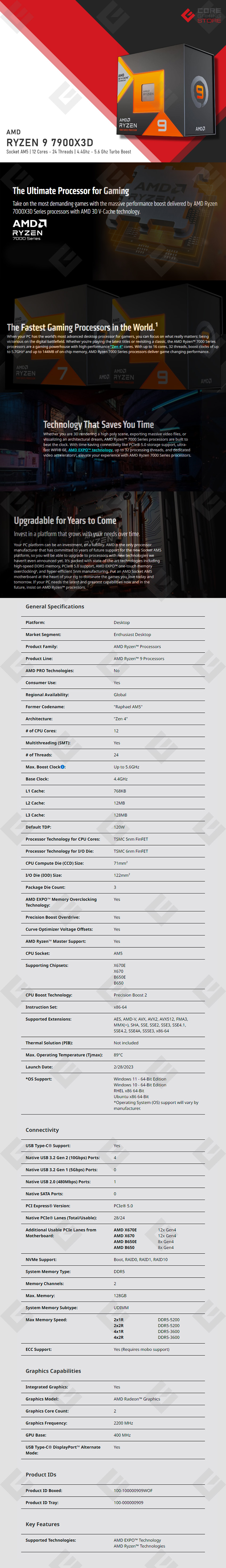 Procesador AMD Ryzen 9 7900X3D, 12 Cores, 24 Threads, 4.4GHz Base, 5.6GHz Max, Socket AM5, Radeon Graphics - 100-100000909WOF