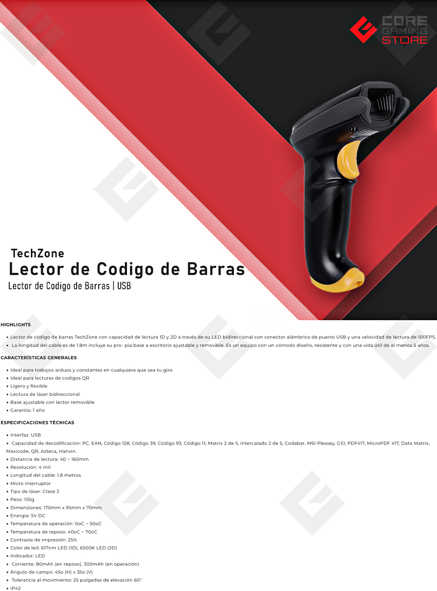 Lector de Codigo de Barras 1D/2D | USB | IP42 - TZBESC4