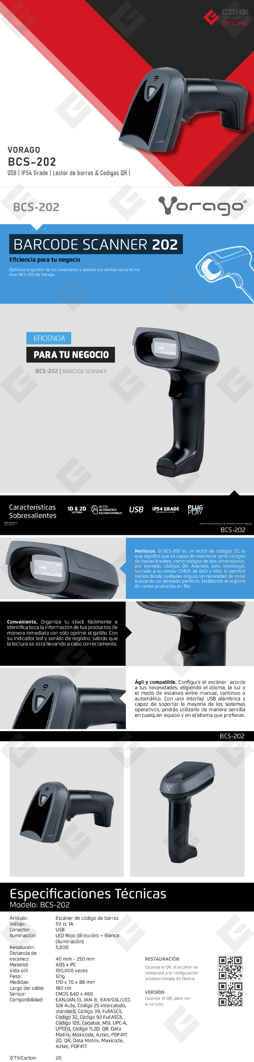 Lector de Código de Barras Vorago BCS-202, USB, 1D/2D, Boton automatico de escaneo, Lector QR - BCS-202