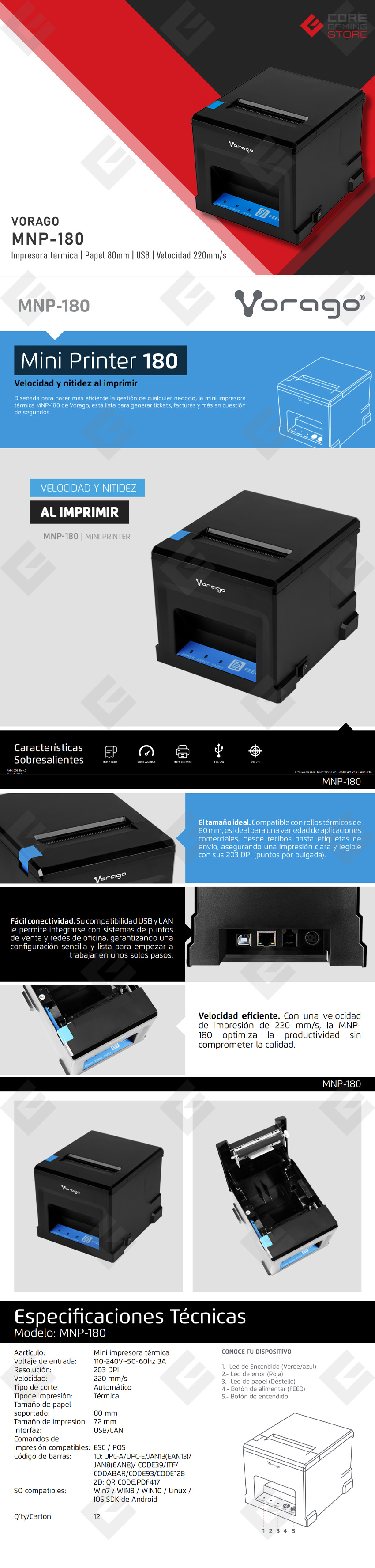 Impresora de Tickets Termica Vorago MNP-180, Papel 80mm, USB, Velocidad 220mm/s - MNP-180