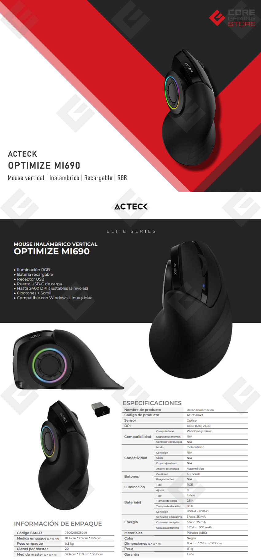 Mouse Acteck Optimize Verti MI690, Inalámbrico, 2,400 DPI Óptico, 6 Botones, Negro - AC-933049