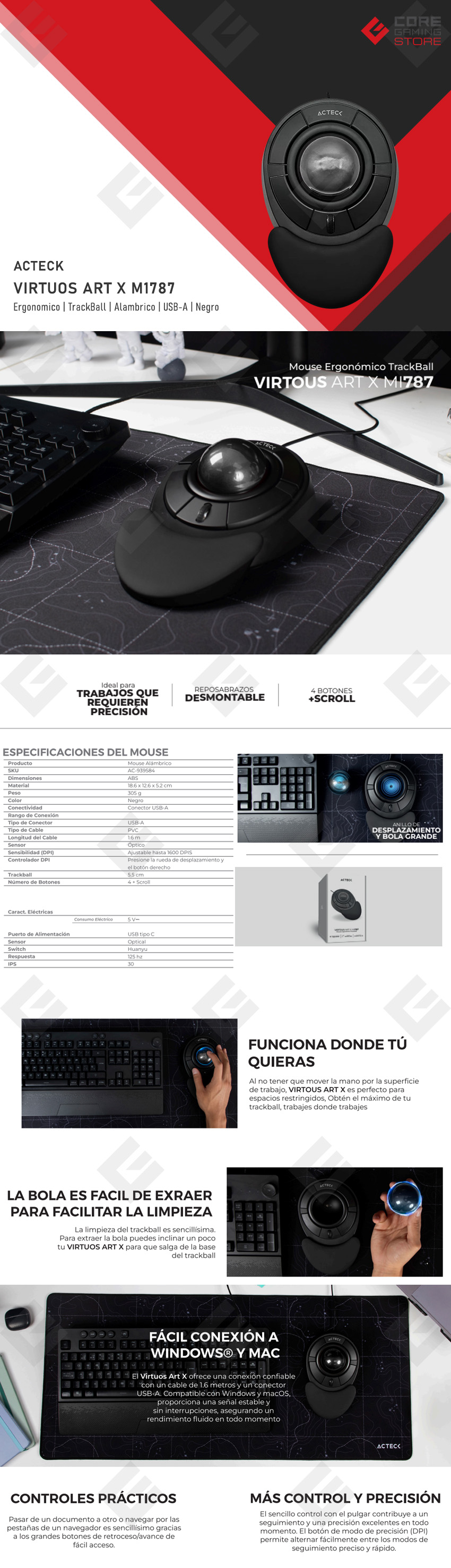 Mouse Acteck Virtuos Art X, Alámbrico, TrackBall, Ergonomico, 1,600 DPI, Negro - AC-939584